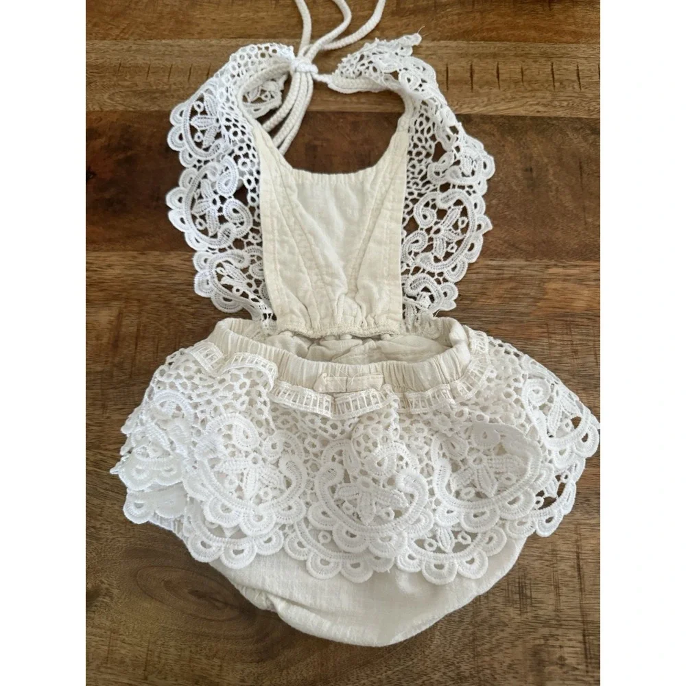 Baby Girl Boho Lace Romper Ivory Bubble Outfit Size 80 12‎ Months Photography